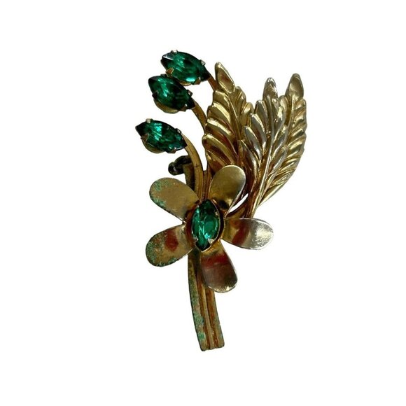 Goldtone and Green Vintage 1960s Brooch Pin Flower Leaf 1.9" - Picture 1 of 6
